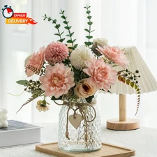 Fake Flowers with Vase,Faux Flowers in Vase for Home Decor,Silk Pink Dahlia Arti