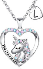 Unicorn Necklace for Girls Gifts - 14K White Gold Plated CZ Heart Pendant Unicor