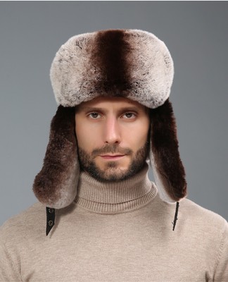 Mens Real Fur Hat Rex Rabbit Fur Russian Ushanka Earflaps Dongbei