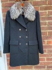 Valentino Miss V, Vintage 100% Wool Black Coat With Fur Collar Diamanté Buttons