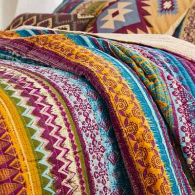 NEW! ~ COZY BOHO BLUE AQUA TEAL GREEN ORANGE PURPLE BOHEMIAN SOUTHWEST QUILT SET