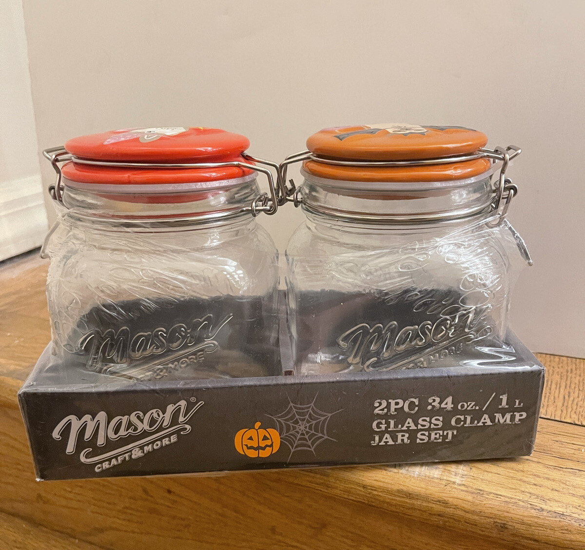 Mason glass clamp jar set 2 pc 34oz /1L each pug bat witch halloween dogs eBay