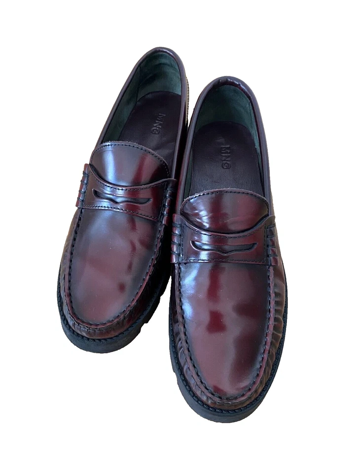 Mango Femme Mocassins Loafers en Cuir Bordeaux Semelle Track Taille 38 - Photo 2/4