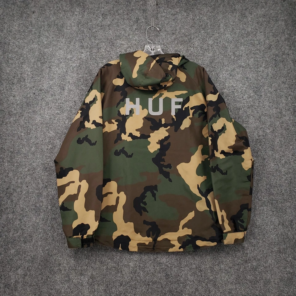 Huf Jacket Mens S Small Green Camo Woodland Full Zip Hooded Windbreaker Skate - Image 2 of 4