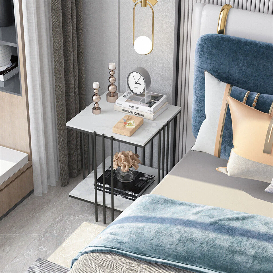 Modern Marble Side Table White Small Coffee Table with Storage 2-Tier End Table - image 3 of 4