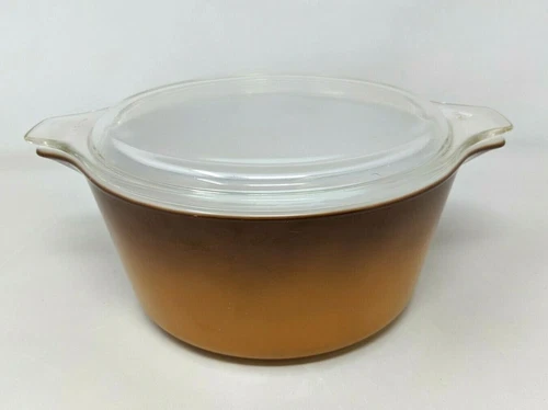 Vintage MCM Pyrex Butterscotch Old Orchard 474-B Casserole Dish 1 1/2 Qt w/ Lid