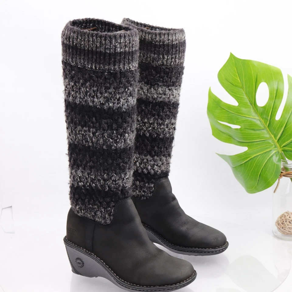 UGG Women's Cresthaven Boot Size 8 Wedge Heel Black Nubuck Gray Knit Pull On - Image 2 of 4