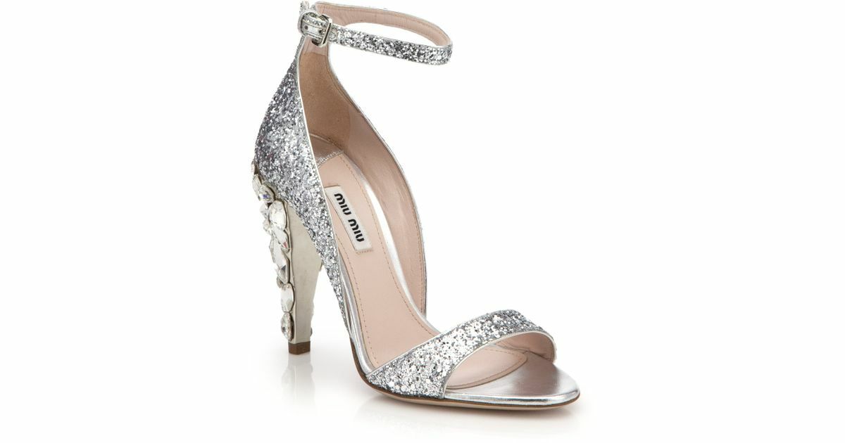 MIU MIU ICONIC GLITTER SWAROVSKI CRYSTAL HEEL WEDDING SANDALS 37.5
