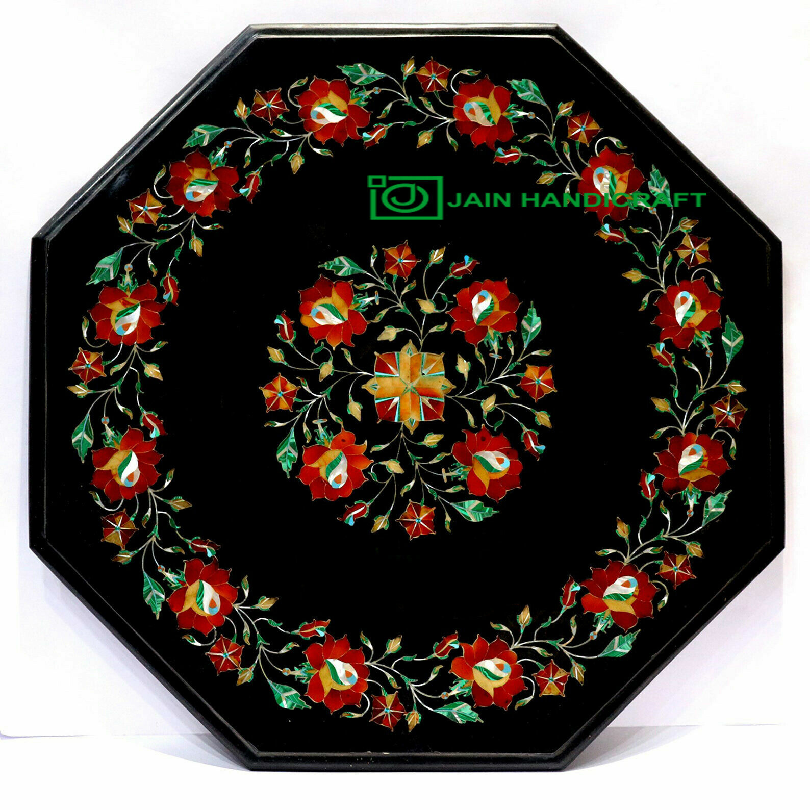 12-inch black marble coffee table with antique malachite inlay and 54cm height