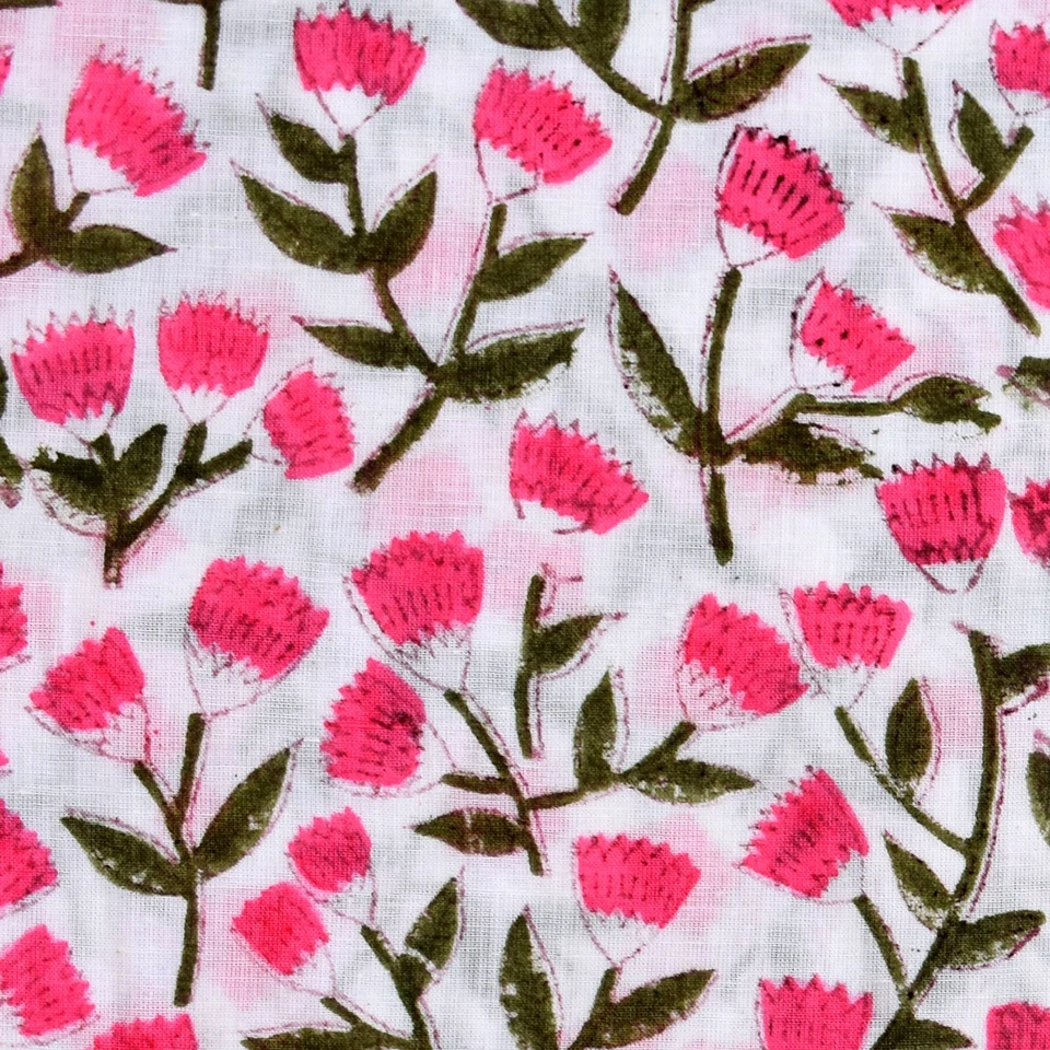 10 Yardas Rosa Floral Estampado a Mano Algodón Blanco Base Sarga Tejido Paño Foto 4 de 4