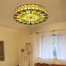 Tiffany Style Vintage Flush Mount Ceiling Light LED Stained Glass Pendant Lamp