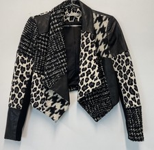 Alice+olivia Black Harvey Leather Patchwork Plaid Animal ~open Jacket Blazer Xs