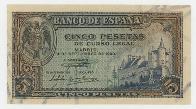 未使用　スペイン　1940年　5ペセタ　P-123a Spain España 5 Pesetas 4-9-1940 Pick 123.a UNC Uncirculated