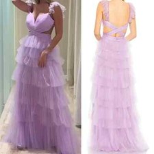 NWT Mac Duggal Maxi Dress 50670 Lavender Lilac Ruffle Tiered Tulle Cutout size 4