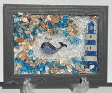 Jeweled Blue Whale with Lighthouse, Sea Glass, Beach Scene, Crushed Glass