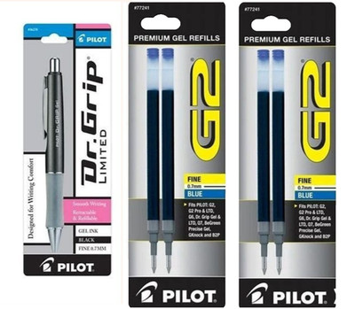 Pilot Dr. Grip Limited Gel Pen 0.7mm Gray Barrel w/2) Blue Refills Office School