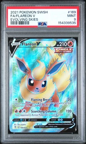 2021 POKEMON SWORD & SHIELD EVOLVING SKIES #169 FULL ART/FLAREON V PSA 9