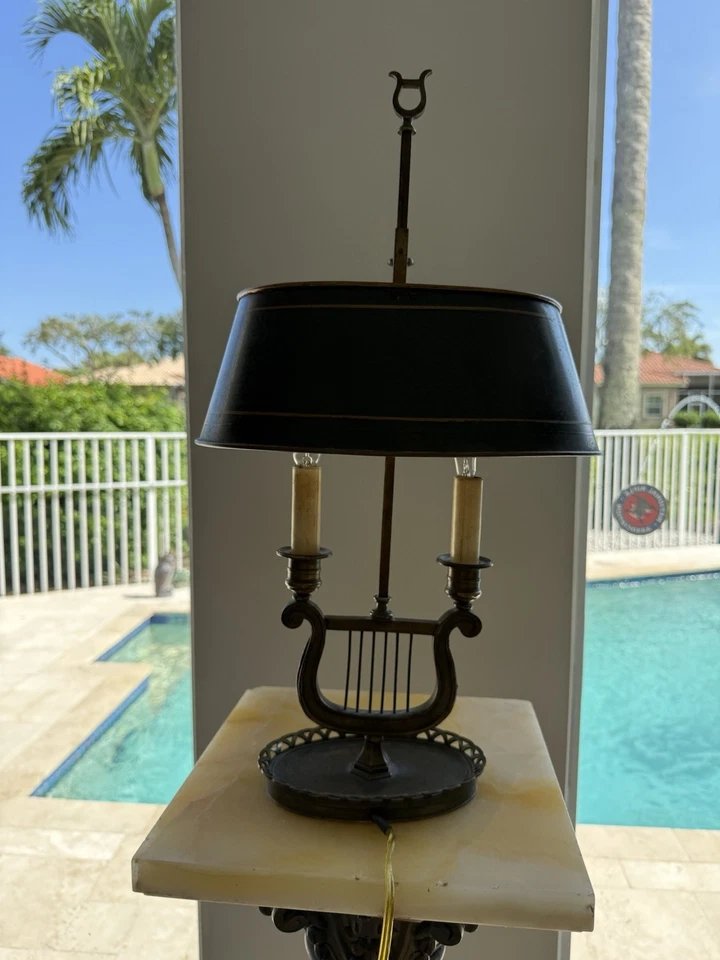 Antique French Empire Ormolu Bouillotte￼ Harp Lamp With Tole Shade ￼ - Image 3 of 4