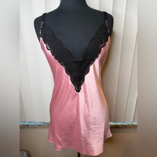 Victoria's Secret pink satin chemise slip dress black lace trim Size S/P
