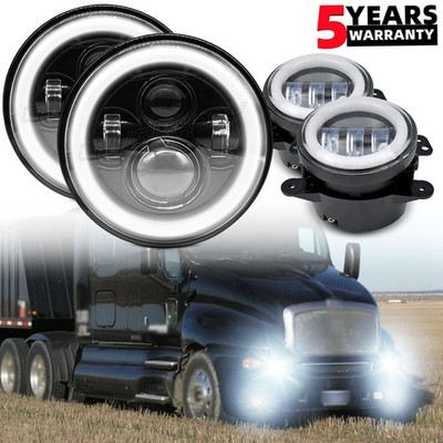 for Kenworth T2000 Halo 7inch Round LED Headlights + 4inch LED Fog Light Combo