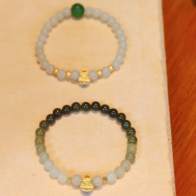 24K Gold Gourd Bead Jade Bracelet   18K Fu Charm   Lucky Fu Lu Peace Bracelet