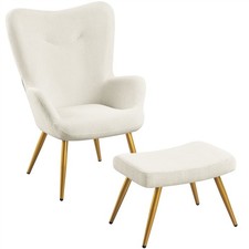 Fauteuil d'Appoint avec Repose-Pieds en Velours Côtelé pour Salon Chambre Beige
