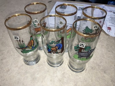 Vintage set of 6 Veba Glas beer glasses hunter motifs Deer, Moose, Boar