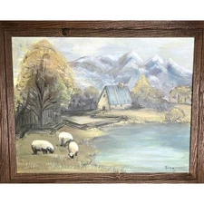 Vintage Signed Painting Farm House Sheep Grannycore Cottagecore  22 5/8x28