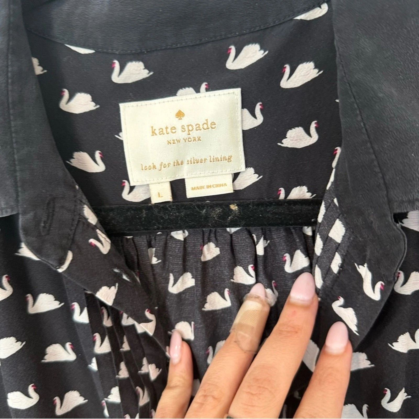 Camicia Kate Spade Preppy stampa cigno misto seta taglia Large 1885