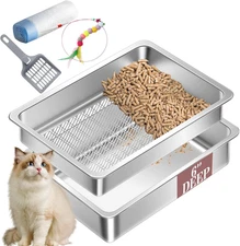 Stainless Steel Sifting Cat Litter Box for Pine Pellets, XL Extra Large Metal Ca