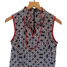 Eliza J Shift Dress Womens 4 Navy  Geometric Red Trim Sleeveless Preppy Mod Work