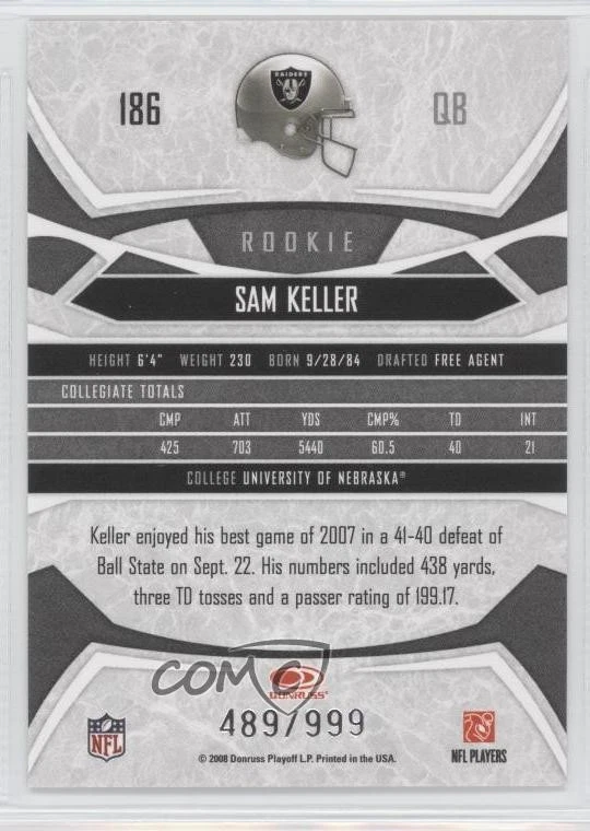 2008 Donruss Gridiron Gear Rookie /999 Sam Keller #186 Rookie RC - Image 2 of 2