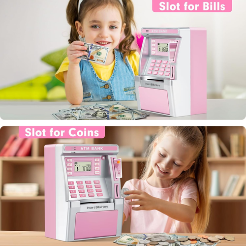 Rosa Sparschwein für Kinder, Geldautomat Bank für Echtgeld mit Debitkarte, Rechnung - Bild 4 von 12