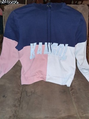 KANGOL RETRO LOGO Colorblock Navy Peach Pink Hooded Sweatshirt Hoodie XXL