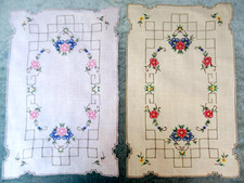 2 x Vintage Cream Linen Embroidered Tray Cloths Table Mats FLorar Design