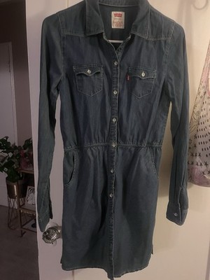 Levi's XL Blue Denim Shirt Dress Knee Length Long Sleeve Collared Button Pockets