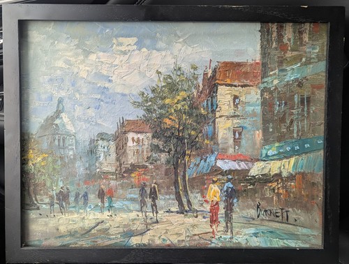 Vintage Caroline Burnett Impressionist Style Street Scene Oil Painting 13 x 17