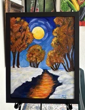 Impressionistic Landscape “Midnight Blue” Painting 11 X 14”  Framed, Not A Print