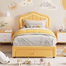 Twin Size Upholstered Bed Frame w/ Storage Drawer LED Headboard for Kids/Girls