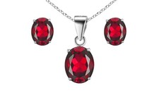 925 Sterling Silver Ruby Oval Cut Pendant Necklace and Earring Set For Women