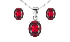 925 Sterling Silver Ruby Oval Cut Pendant Necklace and Earring Set For Women