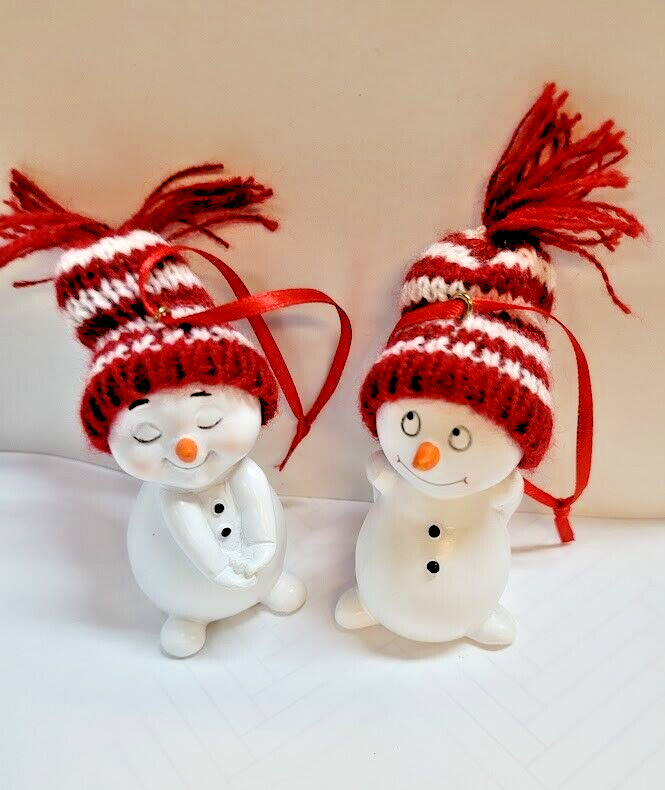 Cute Snowman Character Xmas Ornaments Set of 2 Red-White Knit Hat Kurt Adler 3