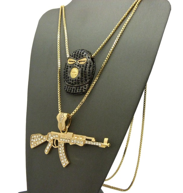 Hip Hop Goon Ski Mask Man, Gun Pendant 24",30" Box Chain 2 Necklace Set