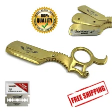 BRAND NEW SMART CUT THROAT STAINLESS STEEL RAZOR BLADE HOLDER + 10 BLADES GOLD
