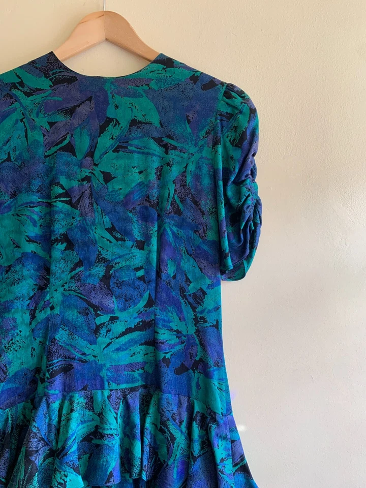 Vestido Vintage Silk Studio 100% Seda Azul Verde Floral Años 80’s Talla 8 M Foto 4 de 4