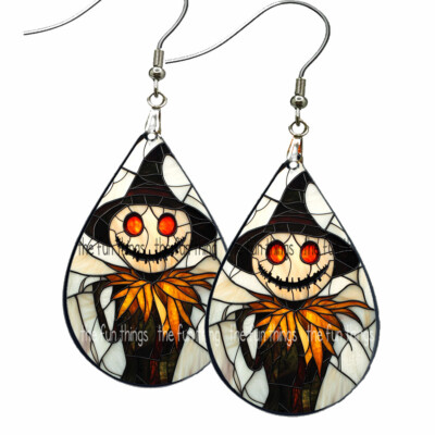 Faux Stained Glass Halloween Scarecrow Earrings Teardrop NO TARNISHING Wood