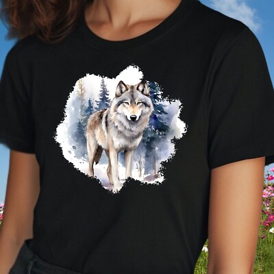 Women's Wolf in Winter Motif Cotton T-Shirt Size S to 3XL
