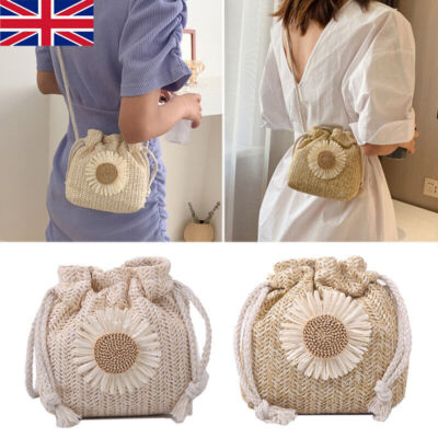 Women Beige Flower Lace Up Straw Bucket Bag Small Shoulder Bag