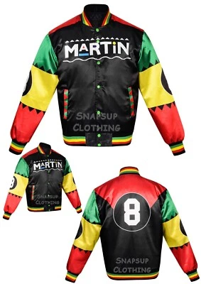 SNAPSUP-CLOTHING Martin TV Show8 Ball Inverted Black Satin Bomber Style Letterman Varsity Jacket