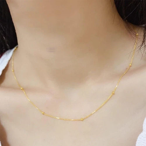 Pure 18K Yellow Gold Chain Women Lucky Wheat Beads Link Necklace 17.7inch - Picture 6 of 6